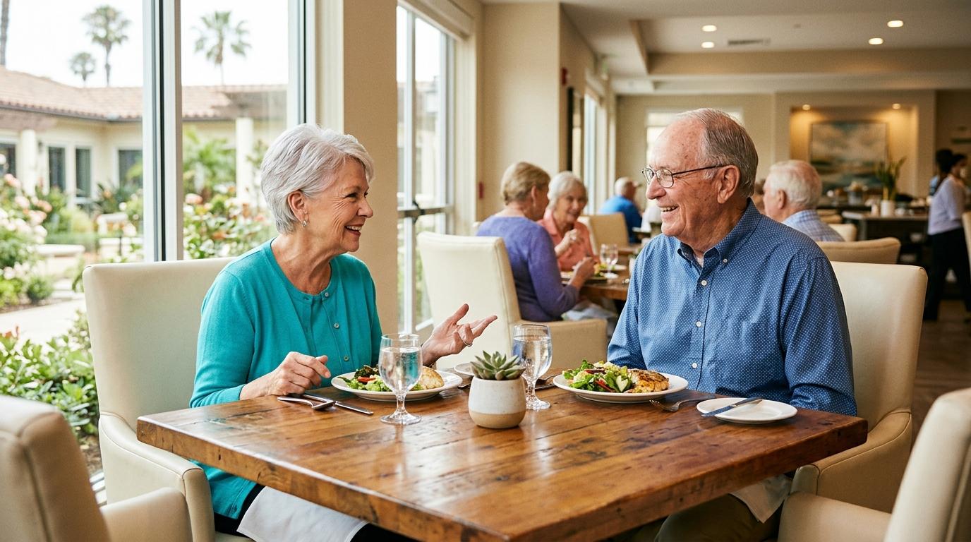 Seniors enjoying a meal together in a senior living community.